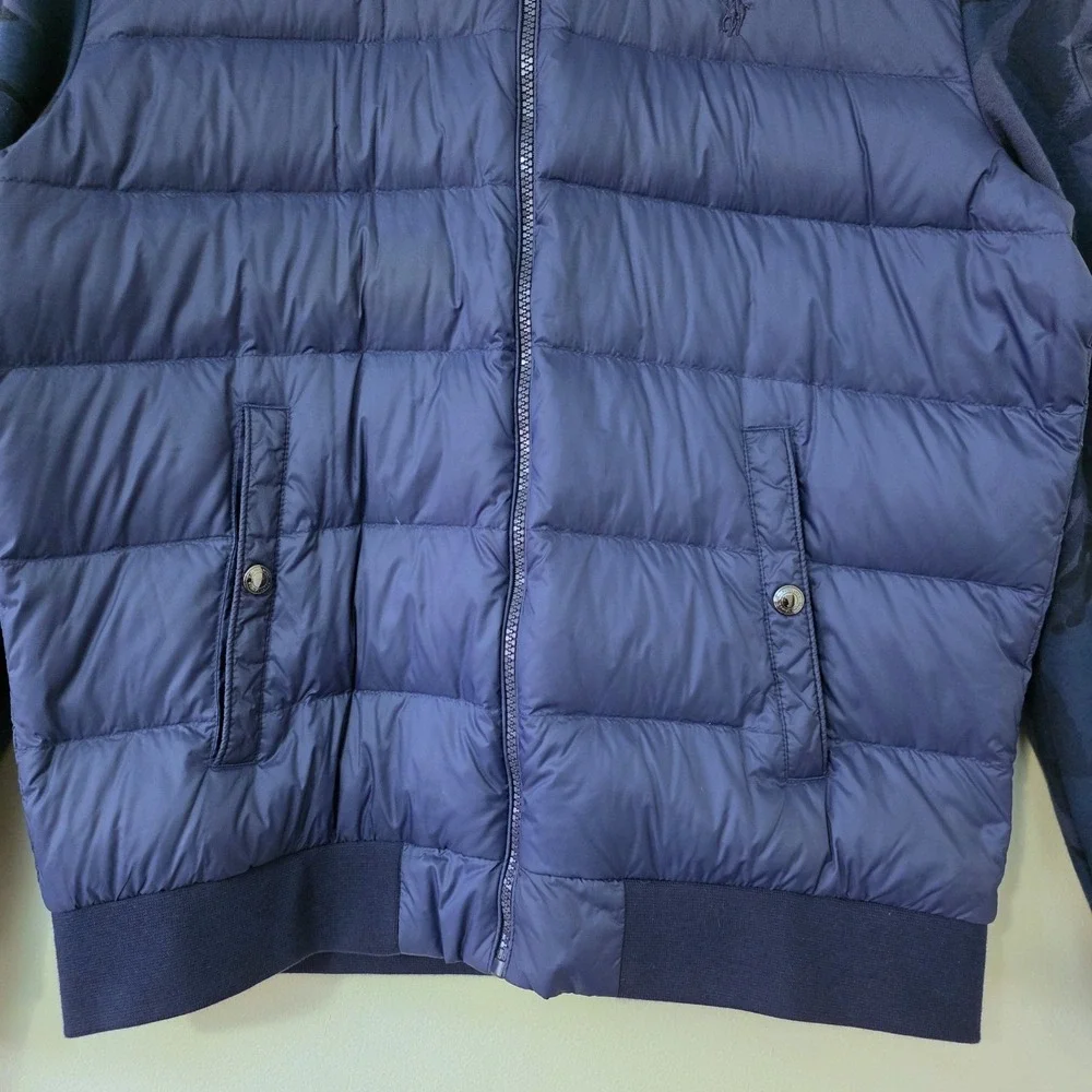 Polo Ralph Lauren Down Hybrid Jacket Sz M Blue‎ Camo Logo Quilt Preppy Old Money